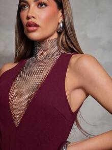 Hauture Ärmlös strass-mesh-insats till kvällsbody - Röd - Visa 3