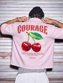 AXEPEAK Men's Casual Letter & Cherry Print Button-Front Short Sleeve Shirt, Summer Graphic Tops Graphic Tee - Pink - View 1