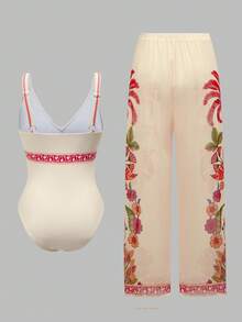 Swim Oasis Traje de baño de una pieza con estampado y nudo delantero con pantalón de cobertura para vacaciones de verano en la playa para mujer - Multicolor - Ver 2