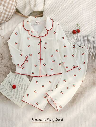 Cozy Pixies Baby/Toddler Girls' Cute Casual Versatile Knit Fruit & Cherry Print Long Sleeve Pajama Set