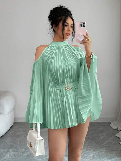 SHEIN Elenzya Elegante camisa/blusa de mujer de manga acampanada y cintura ceñida, de longitud media, para vacaciones