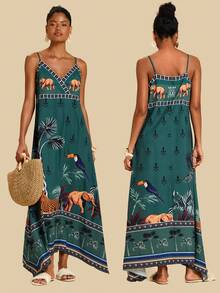 SHEIN TRVLCHIC Đầm không tay in hình voi và chim dành cho nữ, thích hợp cho kỳ nghỉ hè. - Nhiều màu - Xem 3