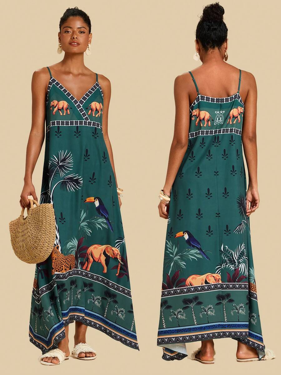 SHEIN TRVLCHIC Women's Summer Vacation Elephant & Bird Print Sleeveless Dress - Multicolor - View 1
