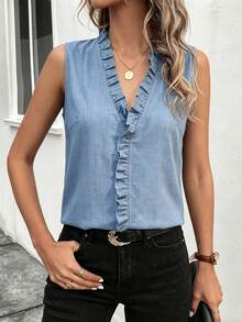 EMERY ROSE 女士纯色V领荷叶边休闲百搭日常上衣 - 藍色 - 查看 3