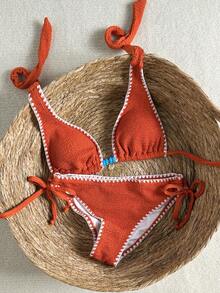 Swim Basics Women's Toothpick Necklace Chest Decor Blue Swimwear Set - Coral Orange - View 1