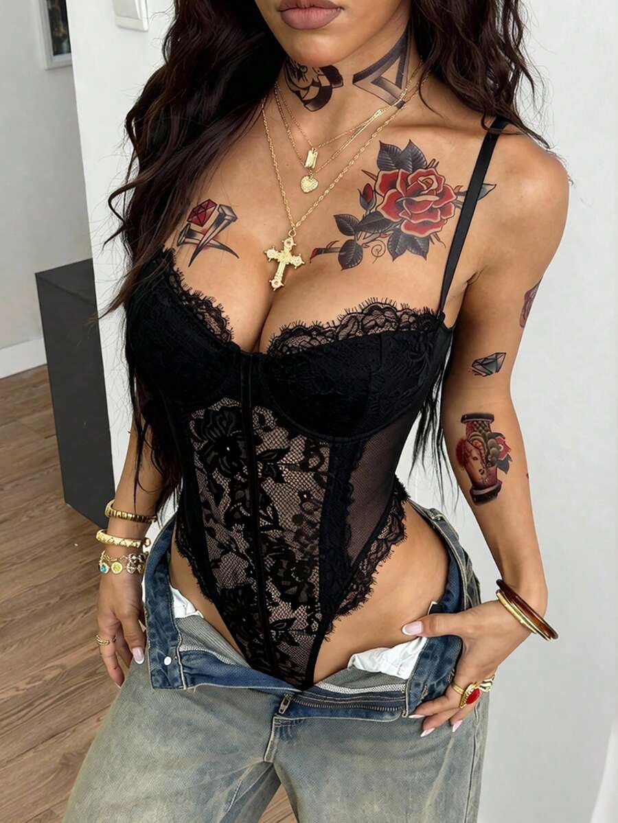 Glamine 女士性感蕾丝镂空拼接连体衣 - 黑色 - 查看 1