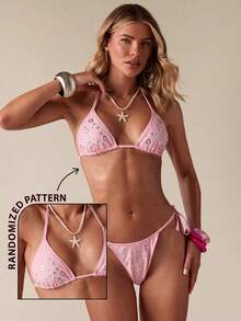 SHEIN BAE Women's All-Over Print Halter Neck Bikini Set,Cute Pink Bohemian Summer Casual Beach Vacation Holiday Bathing Suit,Simple Elegant Party Beachwear - Pink - View 1