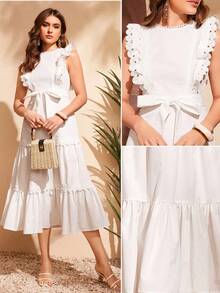 Modelyn Vestido con cinturón ribete con fruncido panel con encaje - Blanco - Ver 2