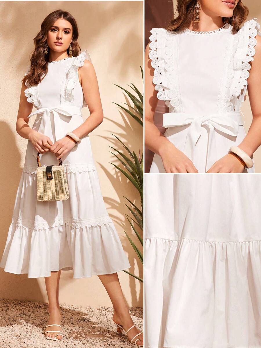 Modelyn Vestido con cinturón ribete con fruncido panel con encaje