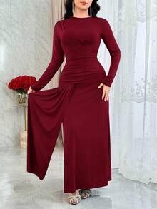 Feyla Đầm dài tay ôm vai thanh lịch màu trơn dành cho nữ - Màu Đỏ Sâu - Xem 5