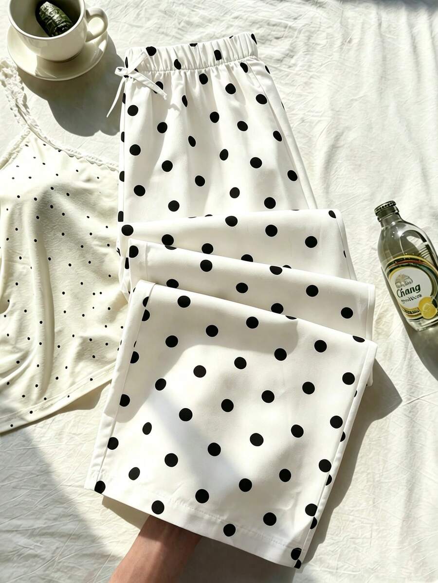 SHEIN Sparklyn 女童黑白波点阔腿裤,儿童春夏款,黑白波点梭织喇叭裤,女童蝴蝶结装饰阔腿裤,黑白裤,波点裤,黑白波点裤,春夏秋季款,女童春夏装 - 白色 - 查看 1
