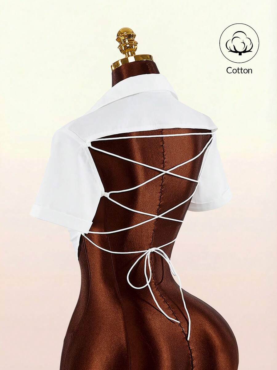 Amplova 2026 New Casual Sexy Shirt With Front Ruched Design And Backless Tie-Up Detail, Cropped - White - View 1