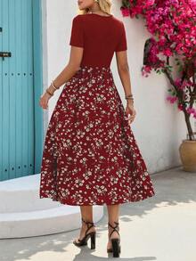 Breezaya Women's Red Ditsy Floral Patchwork Midi Dress, Square Neck Ribbed Knit Short Sleeve High Waist Swing Sundress - Red - View 2
