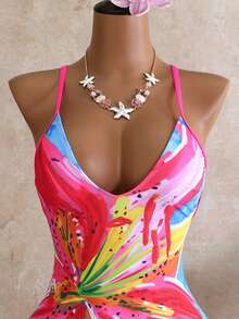 Swim Vcay 2026 New Women's Summer Beach Vacation Holiday Vacation Holiday Pink Floral Pattern Print Spaghetti Strap Hollow Back High Cut One-Piece Swimsuit Boho Tropical - Multicolor - View 4