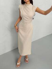 SHEIN PETITE Đầm dài nữ thanh lịch, tối giản, thoải mái, thích hợp đi làm hàng ngày, đi nghỉ mát, thời trang mới, cổ đứng, tay bồng, eo thon, màu mơ. - Màu Khaki - Xem 5