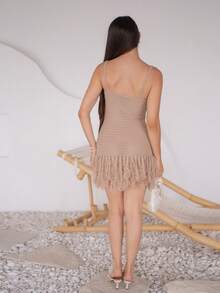 Andrea Bello Shell Cup Tassel Hem Spaghetti Strap Fitted Mini Dress, Bohemian, Boho, Vacation, Suitable For Valentine's Day Date, Spring/Summer - Khaki - View 2