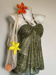 Attitoon Top de muñeca con tirantes halter y lazos con estampado de plantas y cuentas - Verde - Ver 9