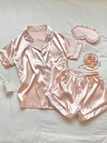 SHEIN Comfortcana Bộ đồ ngủ satin cài nút phía trước có viền tương phản - Màu Hồng baby - Xem 5