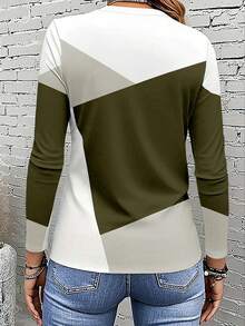 EMERY ROSE Women's Long Sleeve T-Shirt, Color Block Print Pattern Design, Elegant For Daily Wear, Spring & Autumn - Grey - View 2