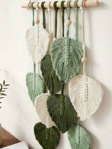 1pc Macrame Wall Hanging, Boho Style Wall Decor Tapestry, Handwoven Green Leaf Tassel Wallpaper - Green - View 4