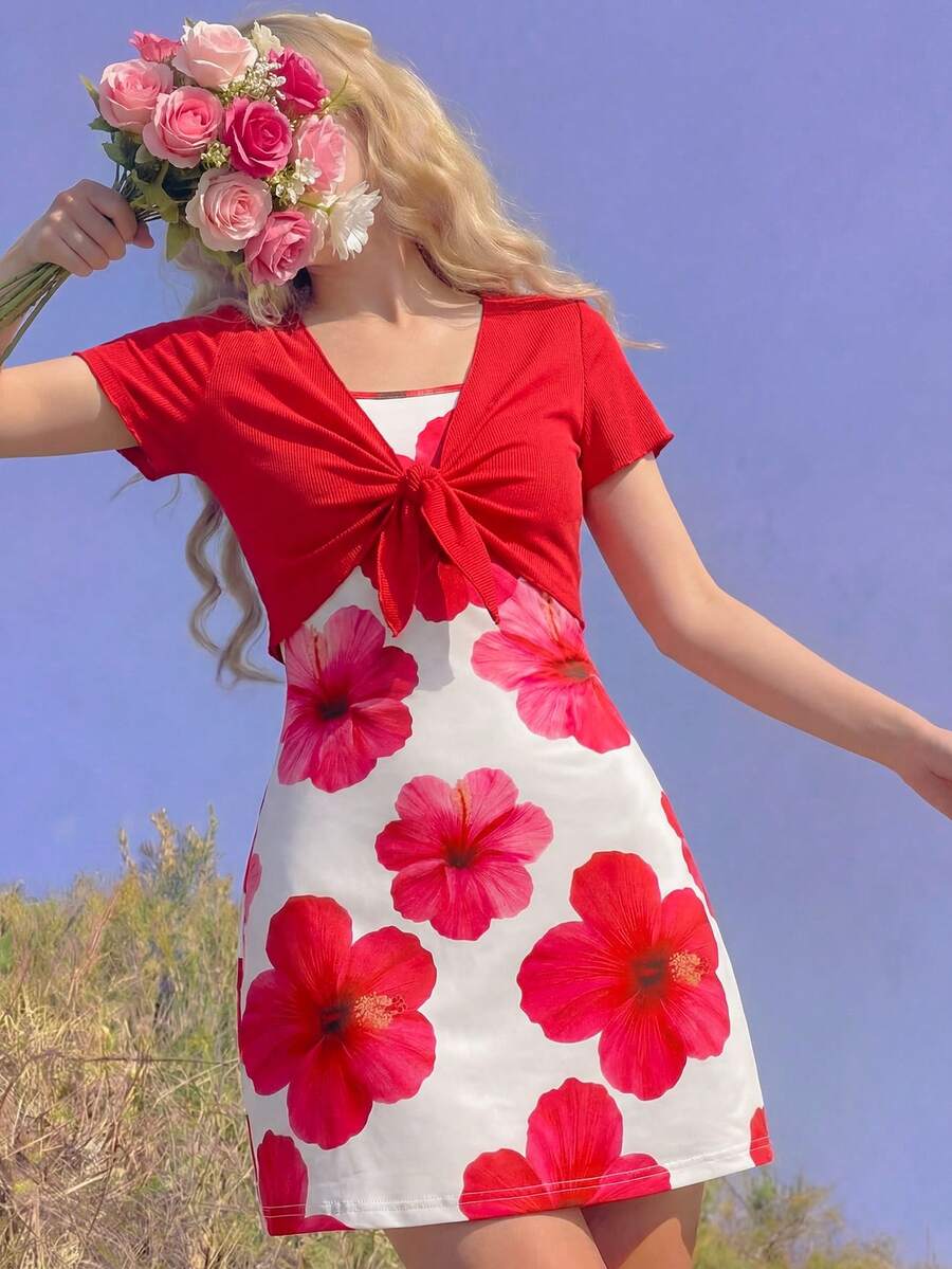 SHEIN Vintaside Kids 两件套少女夏季休闲碎花吊带连衣裙和外套套装 - 紅色 - 查看 1