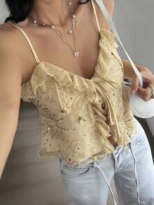 DAZY Women's Summer Casual Vacation Style Sequin Lace Trim Front Tie Camisole - Beige - View 8