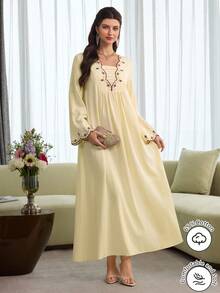 Al Najma Elegant Embroidered Flare Sleeve Dress, Fashionable For Spring/Summer - Yellow - View 7