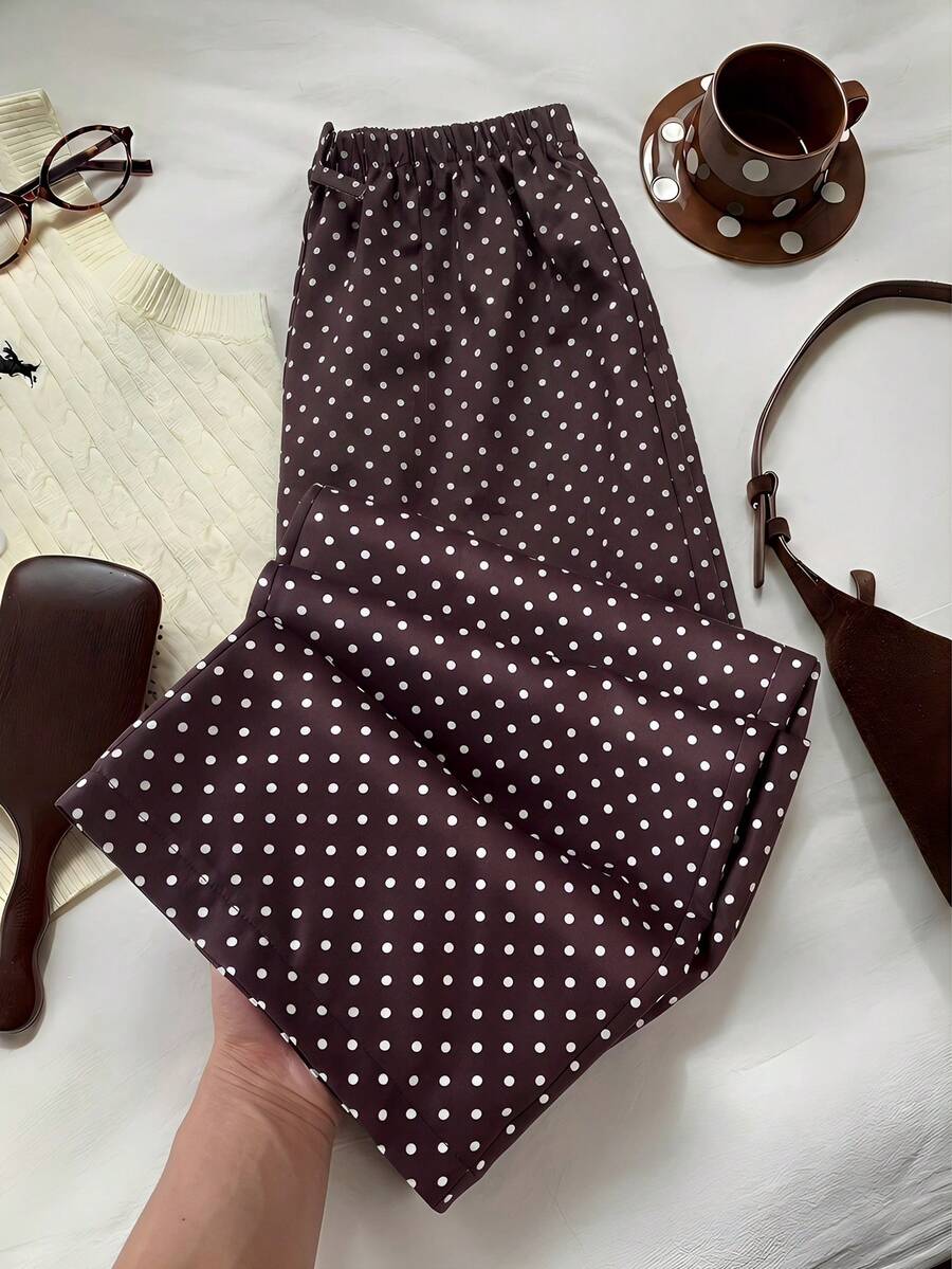 Pantalones casuales con estampado de lunares para niñas preadolescentes - Marrón - Ver 1