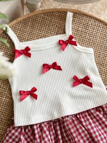 SHEIN LMoss Kids 女婴蝴蝶结装饰吊带背心T恤和短裤套装 - 紅白色 - 查看 4