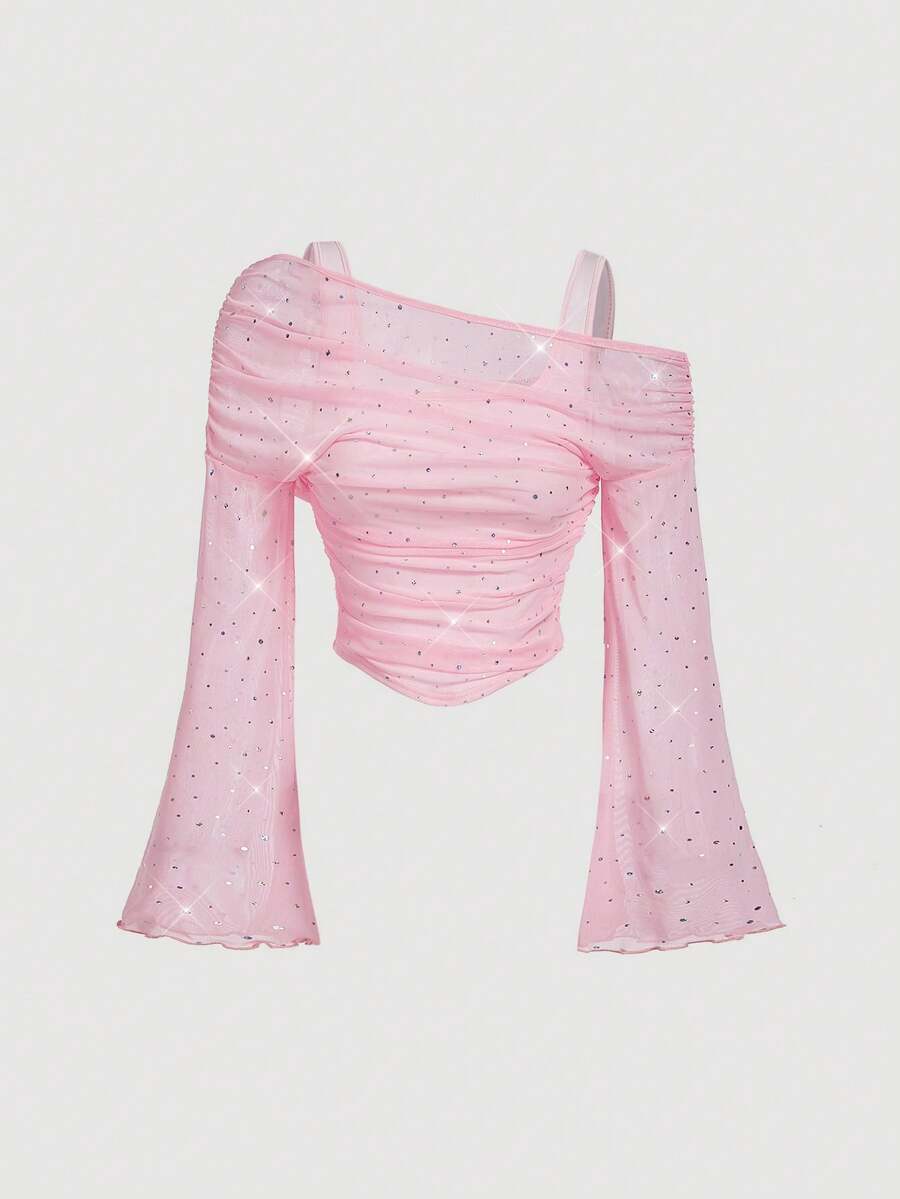 SHEIN 少女亮片露肩长袖T恤 - 粉色 - 查看 1