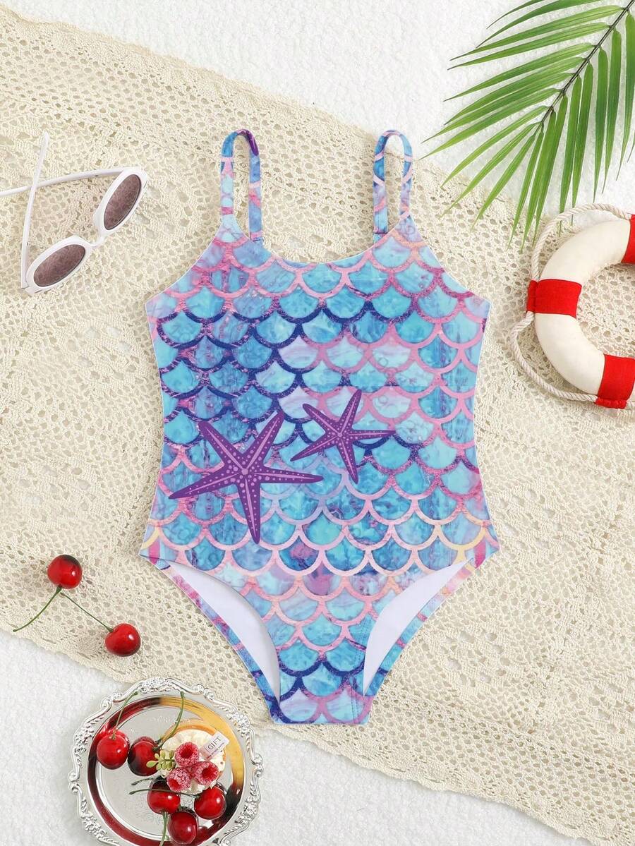 Traje de baño de una pieza con estampado de escamas de sirena y estrellas de mar azul para niña, ajuste casual, adecuado para la playa, vacaciones, verano - Multicolor - Ver 1