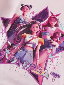 这款两件套大童/少女浅粉色夏季睡衣，饰有时尚卡通图案的女孩头像和星星图案。这款休闲长款睡衣采用短袖和圆领设计，由柔软的针织面料制成，带来轻柔顺滑的穿着体验，是居家放松的理想之选。 - 粉色 - 查看 4