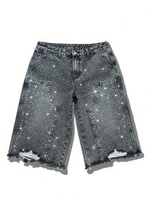 GALLERY FADE Quần short denim ống rộng rách rưới đính đá lấp lánh, phong cách đường phố dành cho nam giới. - Màu xám đen - Xem 4