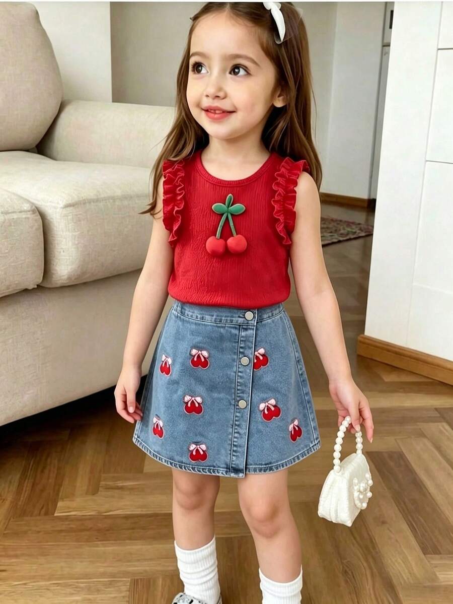SHEIN Playful Pals 两件套女童优雅休闲圆领荷叶袖无袖樱桃印花上衣+刺绣樱桃牛奶裙，适合日常、通勤、休闲、度假、夏季穿着 - 彩色 - 查看 1