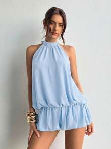 Aloruh Đầm ngắn cổ yếm xếp ly màu trơn dành cho nữ, thời trang cho các buổi hẹn hò. - Màu xanh nhạt - Xem 2