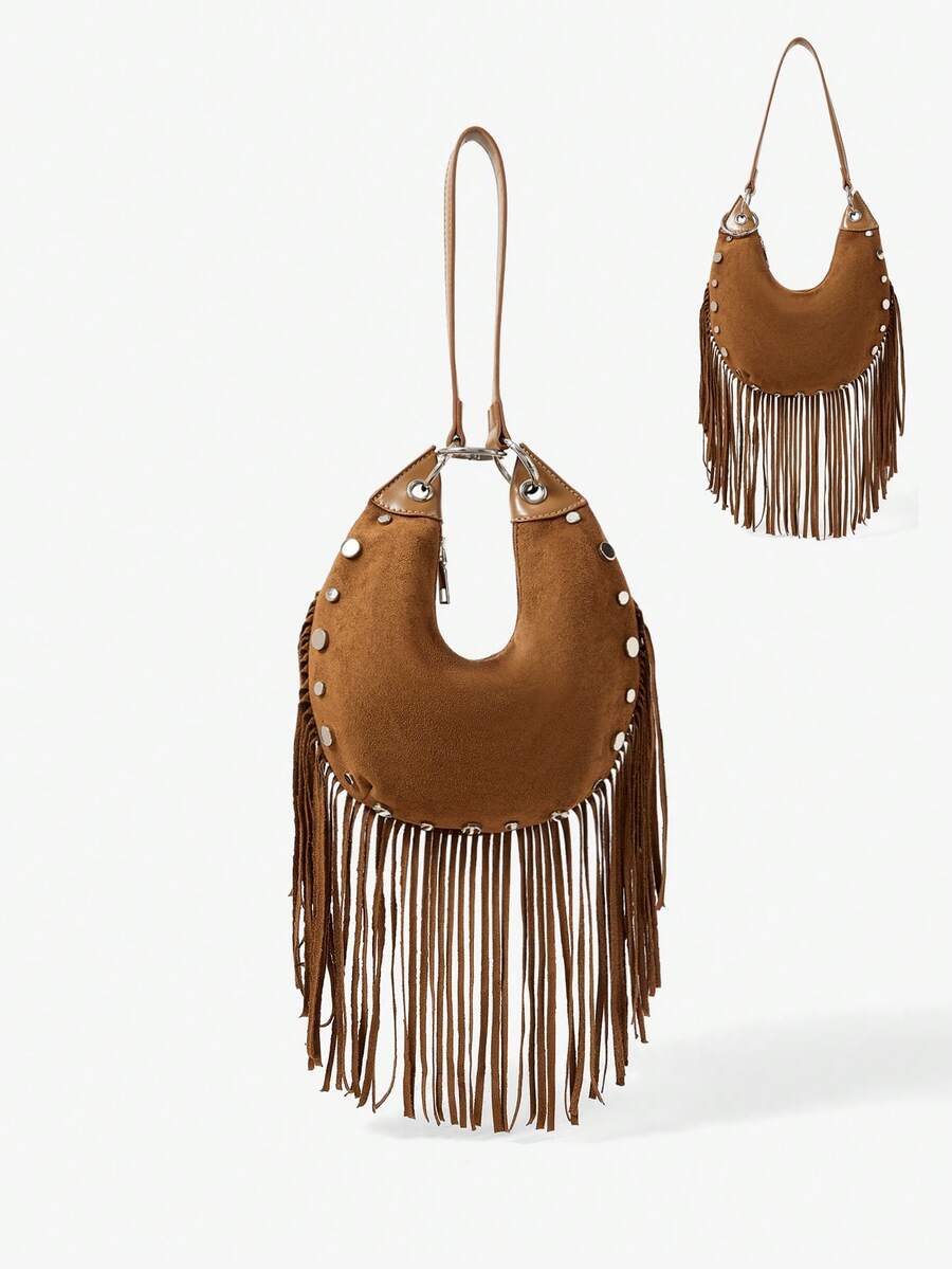Maija Ladies, Women Shoulder Bag, Hobo Bag, Top Handle Bags, Tassel, Retro, Rivets, Vintage, Fashionable, Elegant, Simple, Personalized, Versatile, Classic, For Commute, Office, Date, Daily, Shopping, Afternoon Tea - red brown - View 1