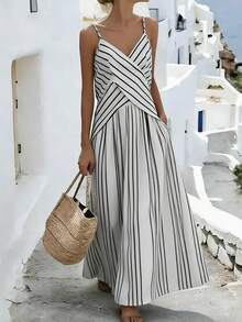 Breezaya 女士条纹休闲派对旅行长吊带连衣裙 - 黑與白 - 查看 1