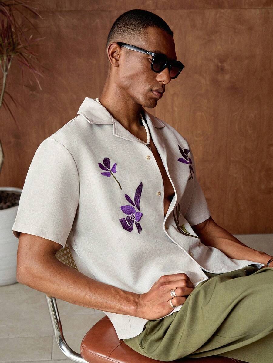 AKNOTIC Business Casual 男士休闲开衫外套，复古花卉印花，春夏新款男士度假装扮，男士保龄球衫，男士度假服，男士亚麻套装，男士度假装，Sumwon