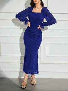 Modelyn 女士方领长袖修身休闲日常连衣裙，简约风格长款晚礼服 - 寶藍色 - 查看 5