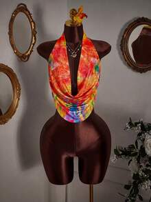 Amplova Camiseta sin espalda con estampado todo sobre de mujer para vacaciones de verano - Naranja - Ver 3