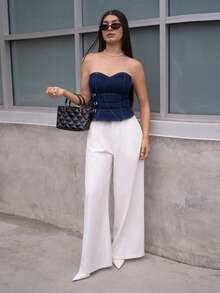 Andrea Bello Women's Buckle Design Fashion Fitted Denim Tube Top - Dark Wash - View 1