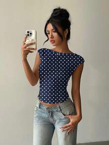 Aloruh Kaos Wanita Seksi Tanpa Punggung Lengan Pendek, Atasan Musim Panas - Blue and White - View 6