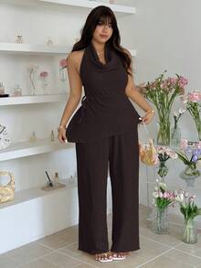 GalTyme Setelan 2 Potong Wanita Ukuran Besar Warna Cokelat Tua: Atasan Halter & Celana Panjang - Chocolate Brown - View 8