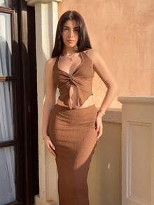 Hitanina 2pcs/Set Summer Sexy Solid Color Twist Backless Halter Tank Top And Fish Tail Skirt - Brown - View 4