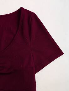 SHEIN Sweetro Women's Solid Color Sweetheart Collar Short Sleeve Fitted 2 Pieces Set, Spring/Summer - Burgundy - View 6