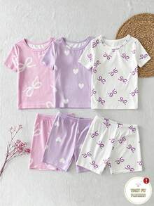 3件套女童奶牛印花短袖上衣和短裤修身睡衣套装 - 彩色 - 查看 9