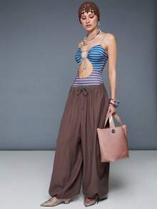 COUREZ Calças cargo largas com gancho baixo em linho / Looks de verão Y2K para mulheres, calças de verão, looks para sair, looks para festa, looks para festival, roupas de verão para mulheres, looks de primavera para mulheres - Castanho - Ver 3