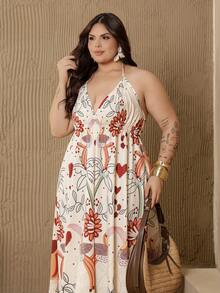 Bibi Tomais 波西米亚风印花细肩带沙滩裙 - 杏色 - 查看 6