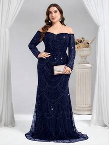 Coutiva Đầm dạ hội sang trọng mùa thu đông, đính cườm và sequin, trễ vai, hở lưng, tay dài, dáng đuôi cá, thích hợp cho khách dự đám cưới, lễ tốt nghiệp, sinh nhật, lễ hội âm nhạc, đám cưới. - Xanh đậm - Xem 3