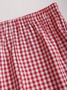 Sweetra 女士格子露背系带褶皱上衣和裤子休闲日常套装 - 紅色 - 查看 4